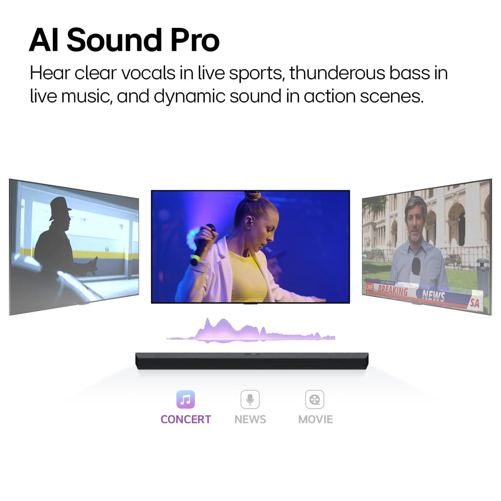 LG S60T 3.1 ch. Soundbar with Wireless Subwoofer, Dolby Audio, TV Synergy, Wow Interface, AI Sound Pro (2024 Model)