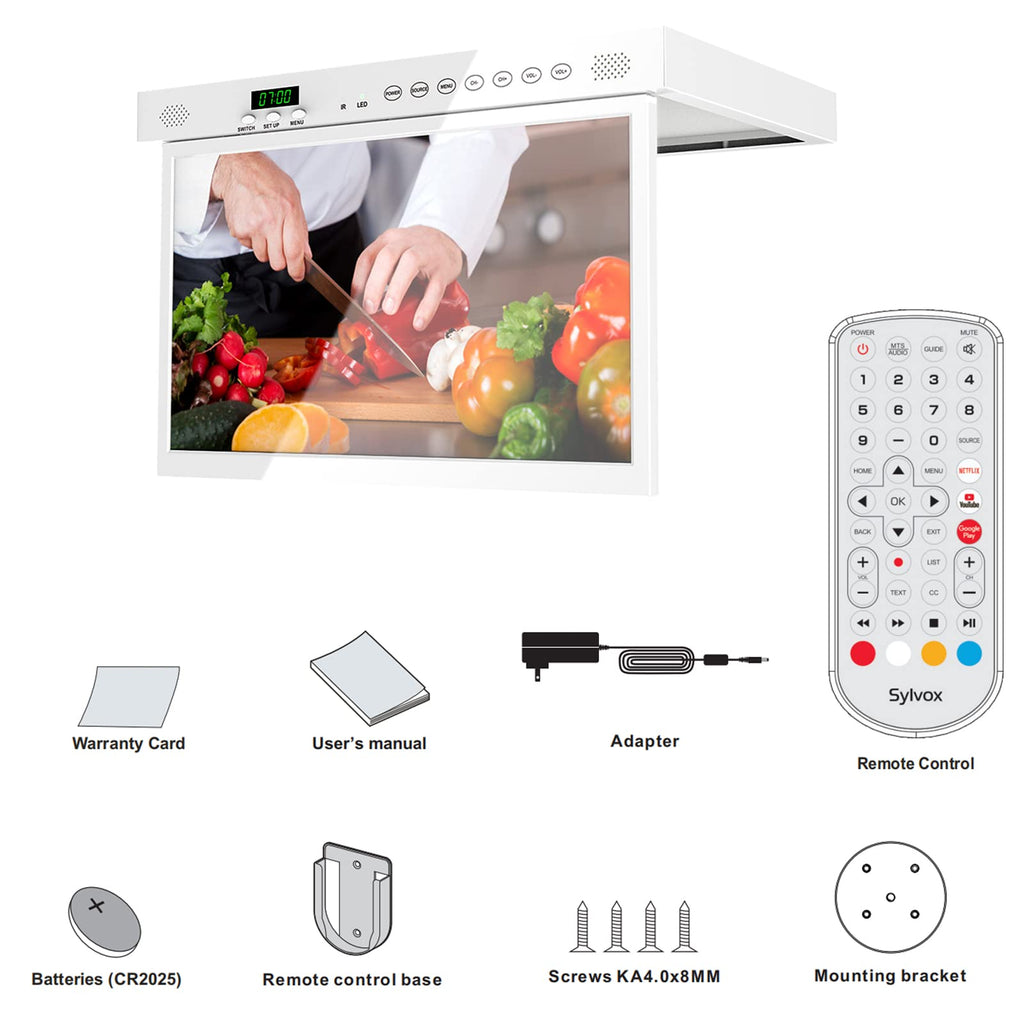 SYLVOX 15.6" Under Cabinet Smart TV C 360 Rotation, 90 Flip-Down Screen, Wireless Connectivity, Space-Saving Design for Kitchen, Bedroom, or RV.