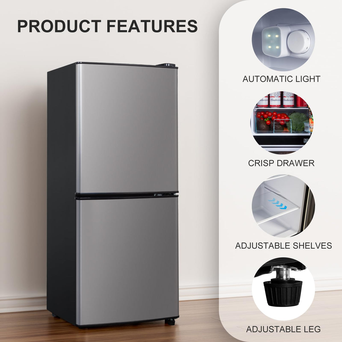 2.9 Cu.Ft Compact Double Door Mini Fridge - Top Freezer & Bottom Refrigerator | Energy Save,7-Level Precision Cooling | Ideal for Dorm, Bedroom