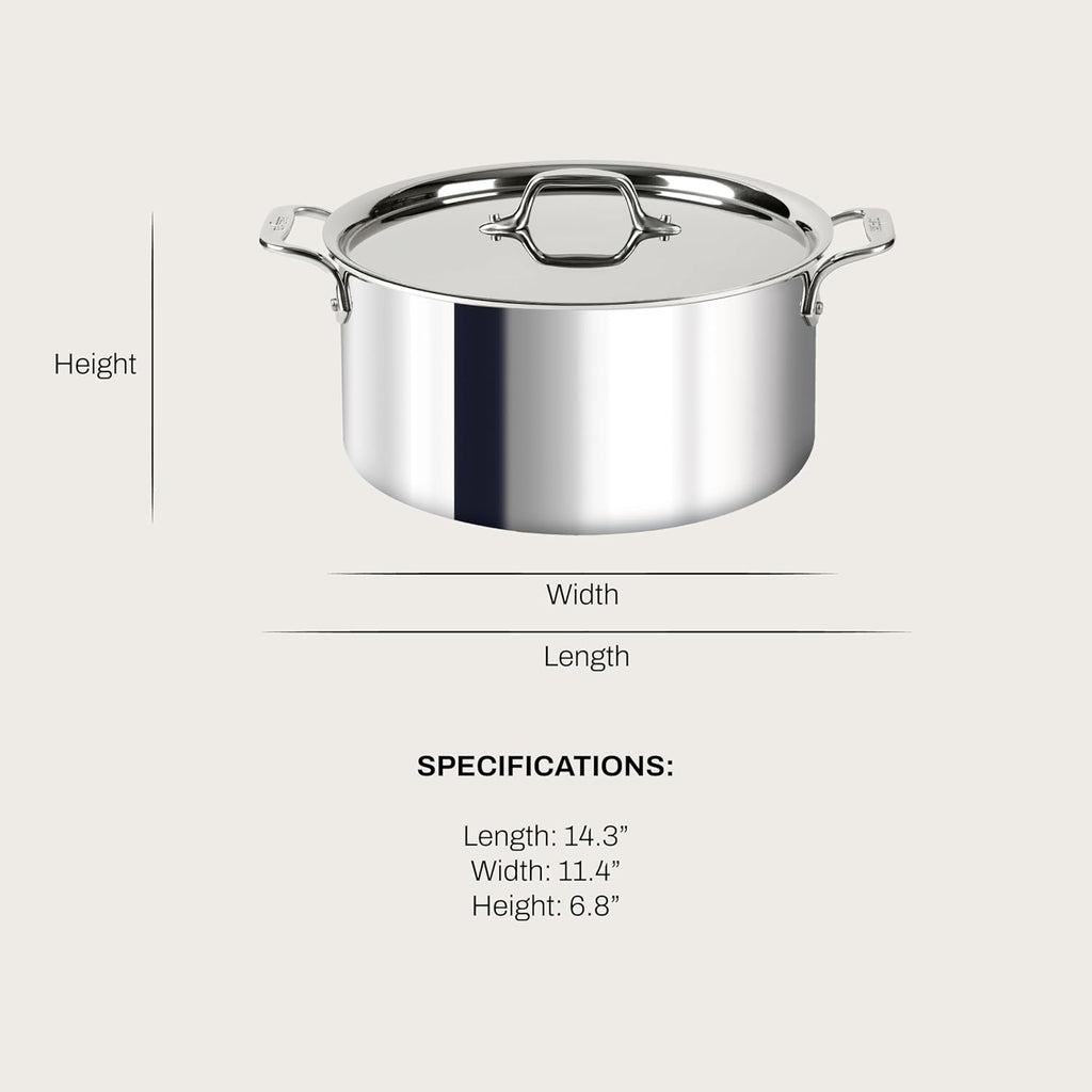 All-Clad D3 3-Ply Stainless Steel Stockpot with Lid 8 Quart, Induction, Oven Broiler Safe 600F, Silver
