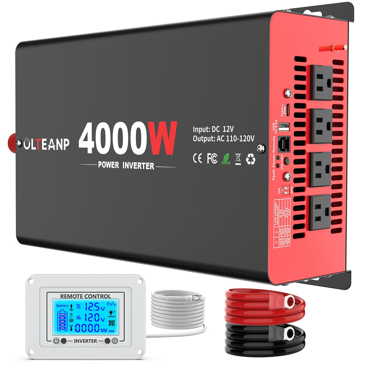 4000 Watt Power Inverter 12V DC to 110V AC Car Inverter with 4 AC Outlets, 30W Type-C Port, 3.1A USB Port, Remote Controller on LCD Screen, Peak
