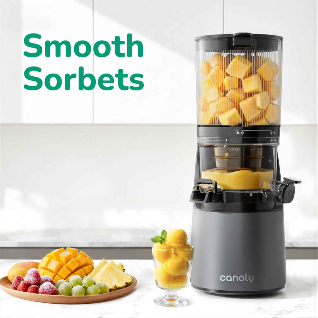 Canoly C16 Cold Press Juicer, with a 6" Wide Chute & Self-Precut, 3-in-1 Strainers (Juice & Sorbet & Nut Milk), BPA-Free Construction, Powered by a
