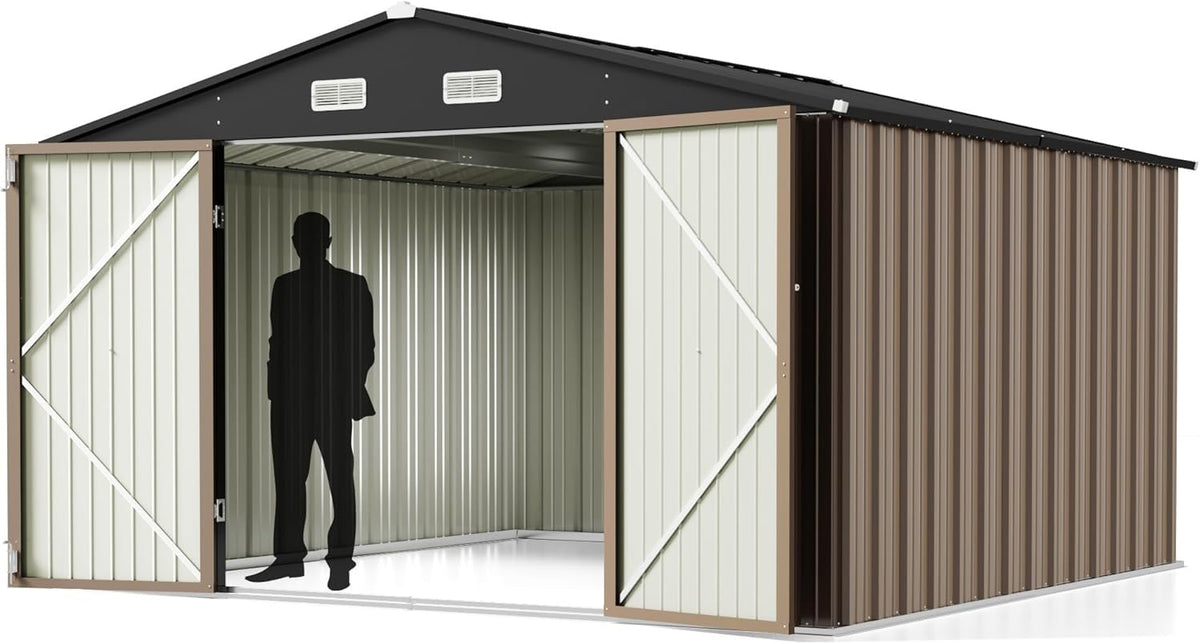 Greesum Outdoor Storage Shed 6 x 8 ft. Utility Tool Shed Metal Storage Garden Shed with Door & Lock for Patio Storage, Brown