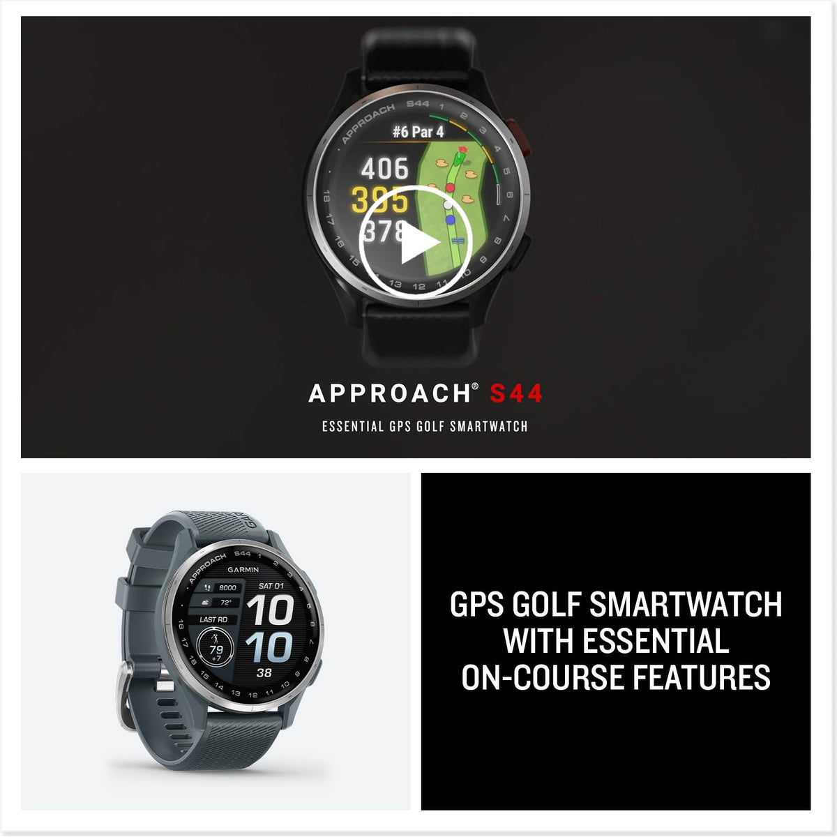 Garmin Approach® S44, Essential Golf GPS Smartwatch, AMOLED Display, On-Course Features, Silver Aluminum Bezel with Black Silicone Band
