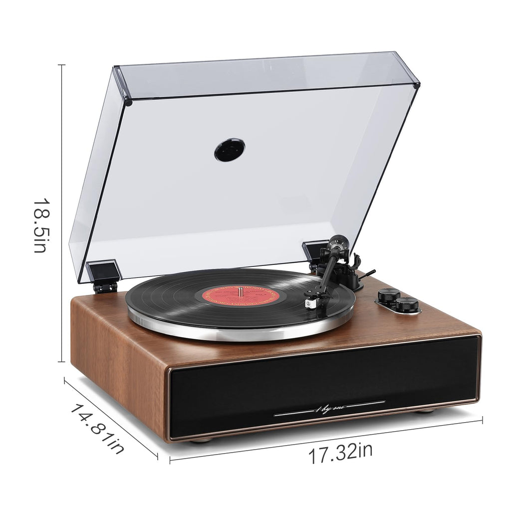 1 by ONE High Fidelity Belt Drive Turntable with Built-in Speakers, Vinyl Record Player with Magnetic Cartridge, Bluetooth Playback and Aux-in