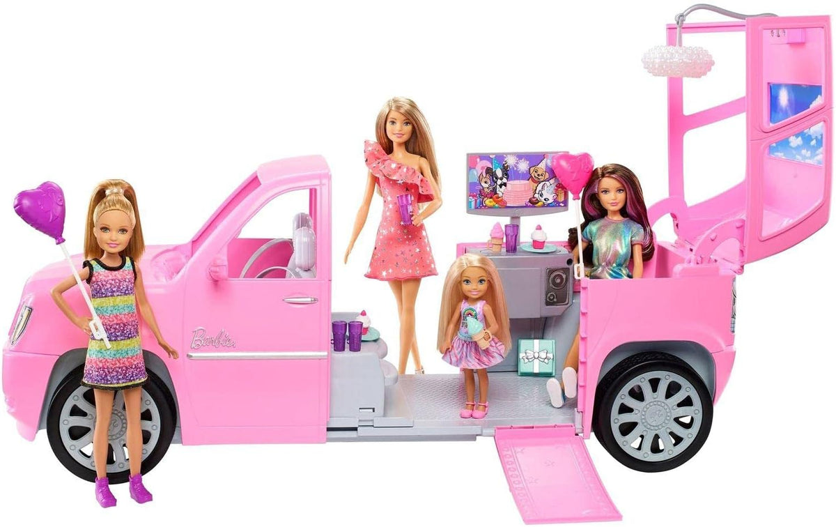 Barbie Playset with 4 Sister Dolls and Limo that Opens and Expands to 2 Feet, Includes 10+ Party Accessories, Gift for Kids 3 to 7 Years Old