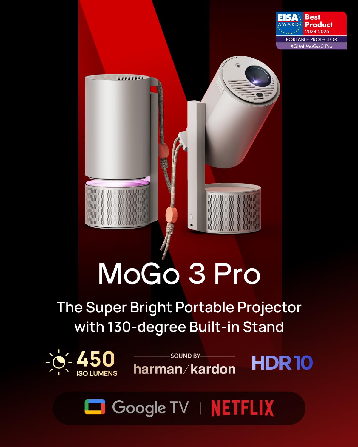 XGIMI MoGo 3 Pro NEW Outdoor Projector with PowerBase Stand, 2.5hrs Battery, Google TV with Licensed Netflix, Build-in Adjustable Stand, 450 ISO