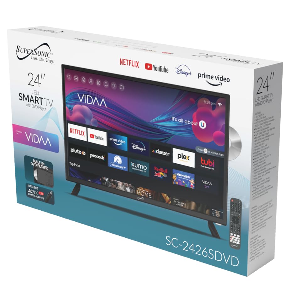 Supersonic SC-1926DVD 19-inch LED Smart HDTV w/DVD Player, 3X HDMI, 1080p, WiFi, USB, AC/DC Compatible for Home, Kitchen, or RV Camper, DC Car Cord