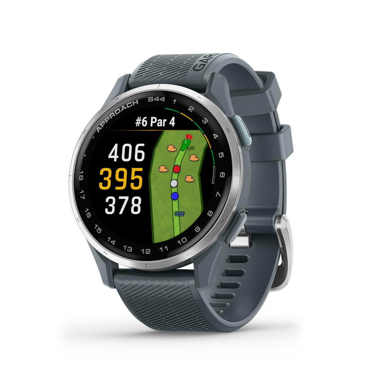 Garmin Approach® S44, Essential Golf GPS Smartwatch, AMOLED Display, On-Course Features, Silver Aluminum Bezel with Black Silicone Band