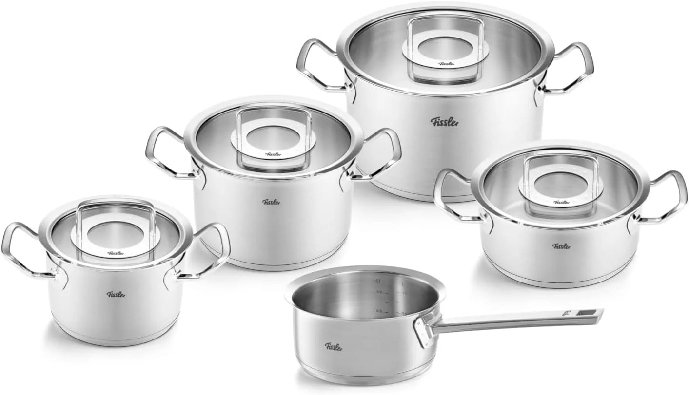 Fissler Originele Profi Collection/RVS pannenset, 5-delig, potten met glazen deksel (3 kookpannen, 1 braadpan 1 steelpan zonder deksel) - inductie