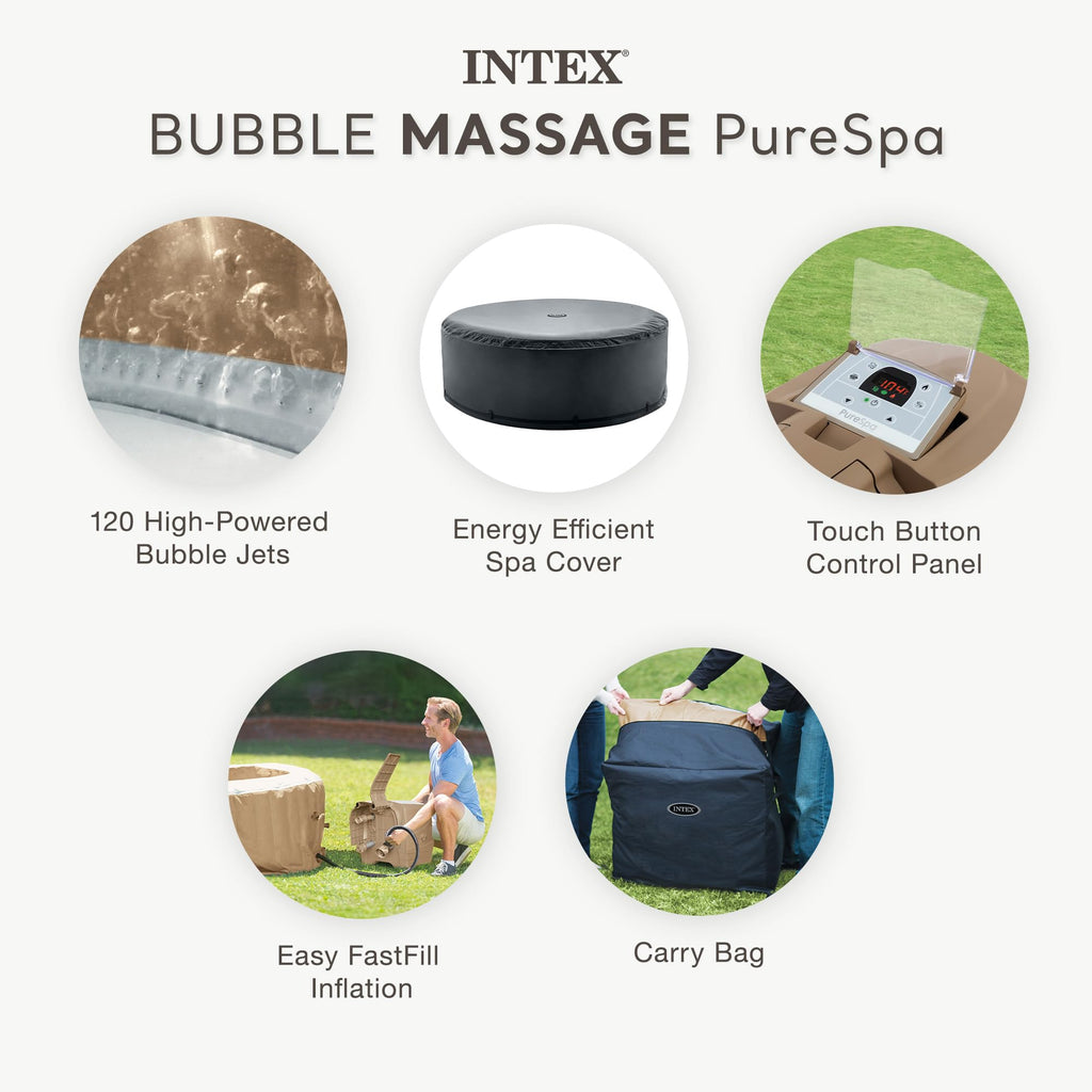 INTEX 28425EH PureSpa Bubble Massage Spa Set Outdoor Inflatable Portable Hot Tub, Includes Energy Efficient Spa Cover, Saltwater System Ready, 4