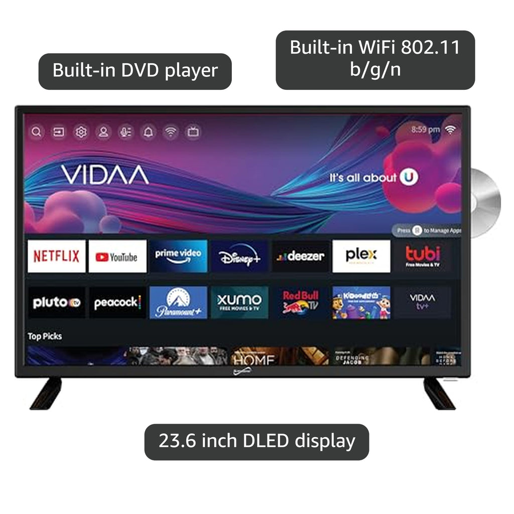 Supersonic SC-1926DVD 19-inch LED Smart HDTV w/DVD Player, 3X HDMI, 1080p, WiFi, USB, AC/DC Compatible for Home, Kitchen, or RV Camper, DC Car Cord