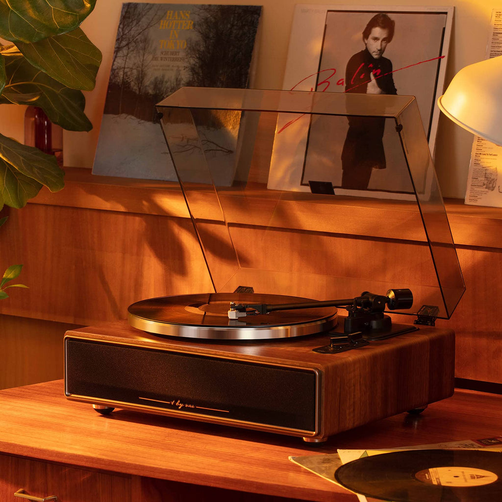 1 by ONE High Fidelity Belt Drive Turntable with Built-in Speakers, Vinyl Record Player with Magnetic Cartridge, Bluetooth Playback and Aux-in