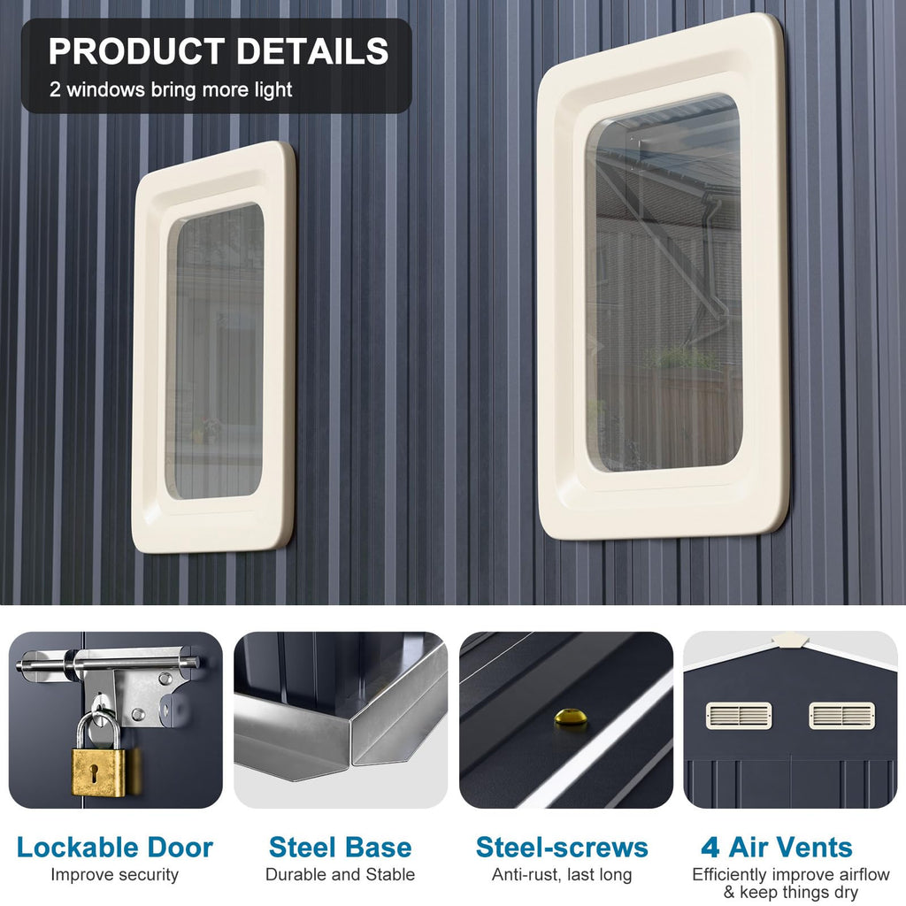 10x12 FT Metal Outdoor Storaged Shed with Floor Base Waterproof Heavy Duty Reinforced Frame with Unique Clear Roof Skyview Windows Air Vent for