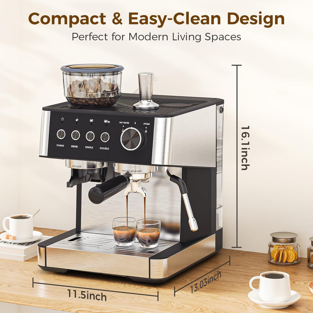 (2025 Upgrade)20 Bar Espresso Machine with Grinder & Milk Frother Steam Wand, Tamping Tools, Expresso Coffee Machines 58mm Commercial Espresso Maker