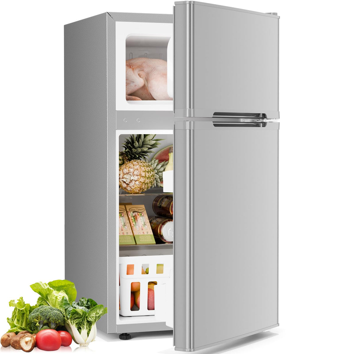 Antarctic Star Compact Refrigerator,4.5 Cu.Ft. Mini Separate Freezer Double 2-Door Adjustable Removable Shelves for Apartment/Dorm/Office,GREY