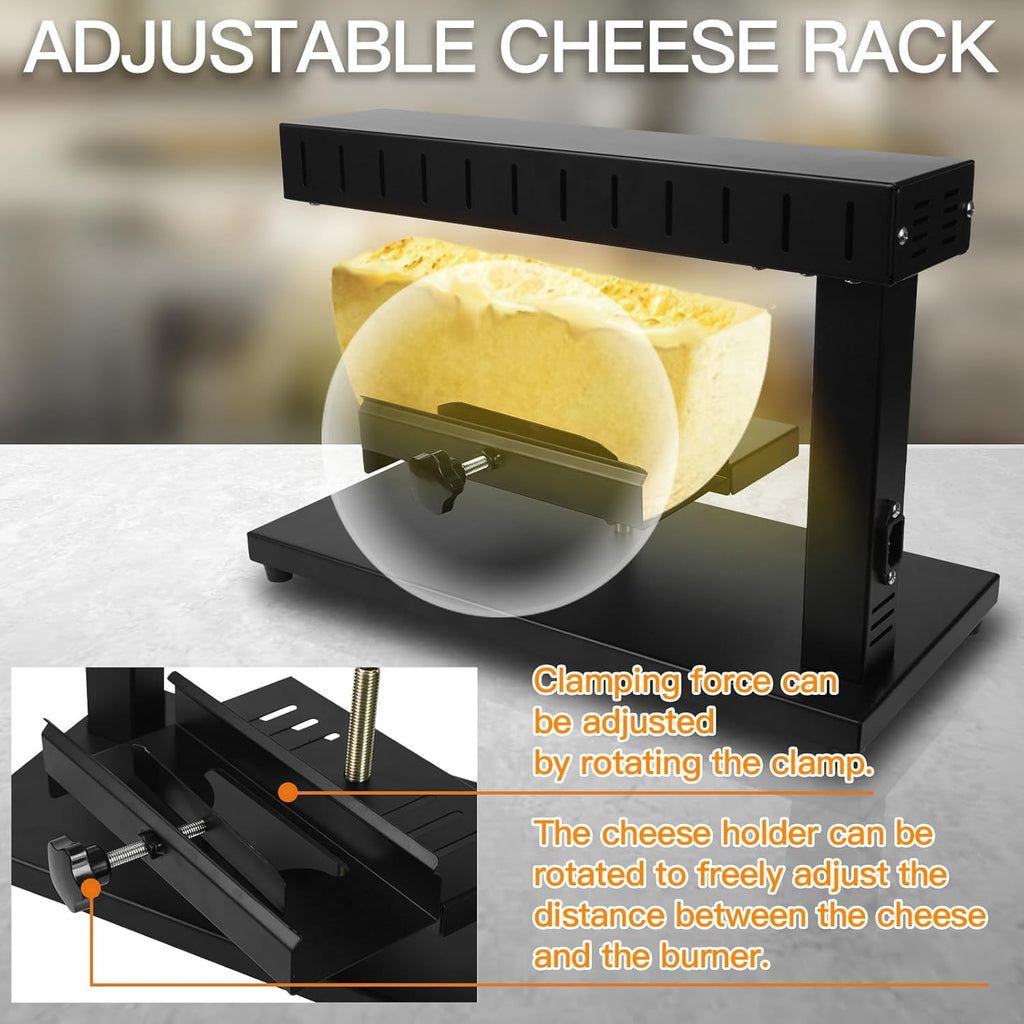 Raclette Cheese Melter Electric Countertop Cheese Melting Raclette Grill Half Cheese Wheel Maker Height Adjustable for Resaurant Kitchen