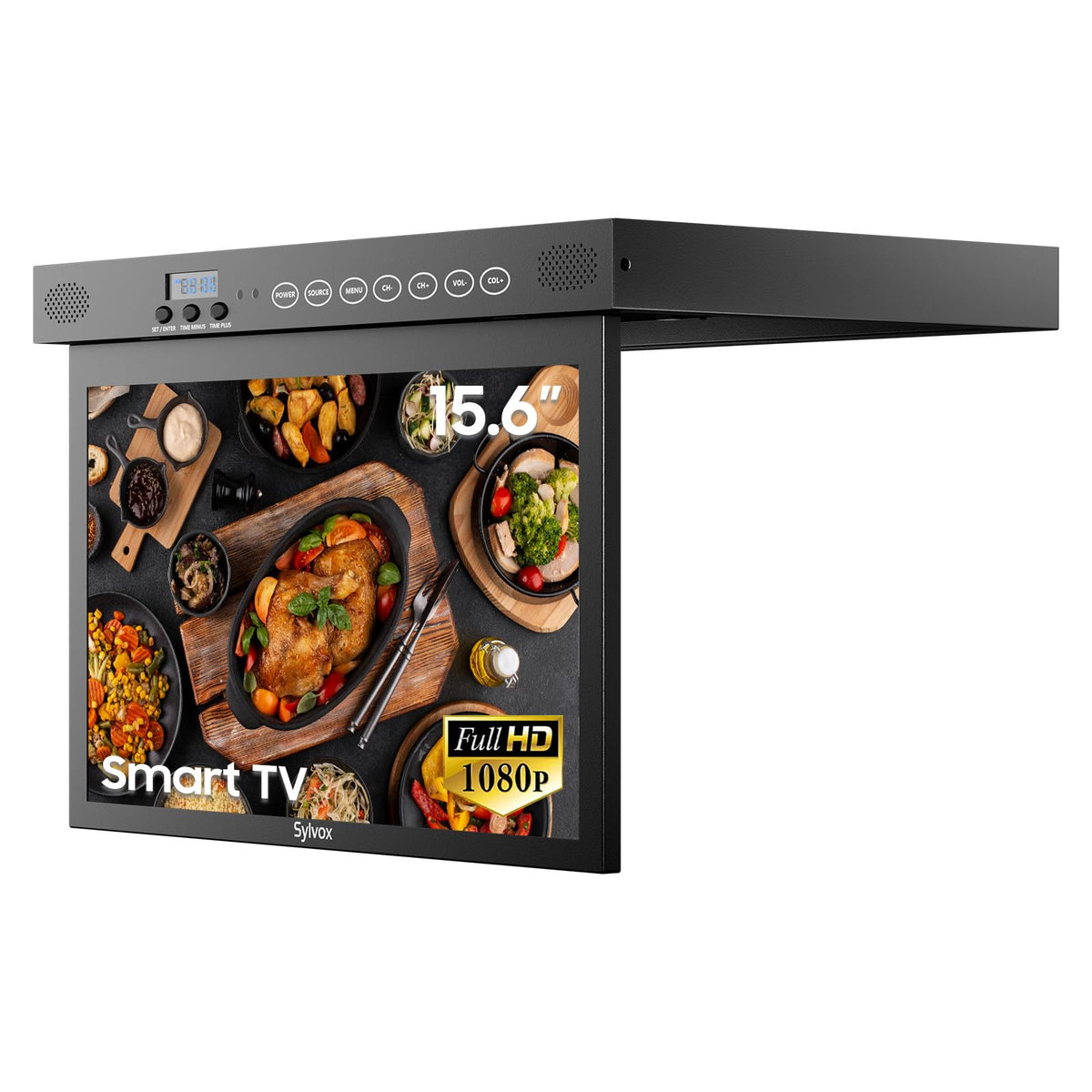 SYLVOX 15.6" Kitchen TV, 1080P FHD Under Cabinet TV with App Store, Voice Assistant, Chromecast, 12-Volt for Small Spaces, Kitchen, Bedroom, RV
