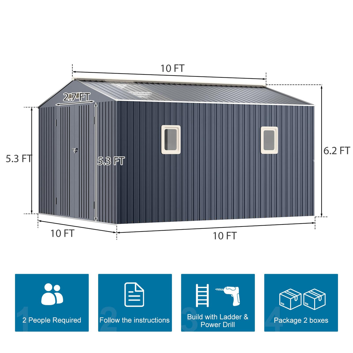 10x12 FT Metal Outdoor Storaged Shed with Floor Base Waterproof Heavy Duty Reinforced Frame with Unique Clear Roof Skyview Windows Air Vent for