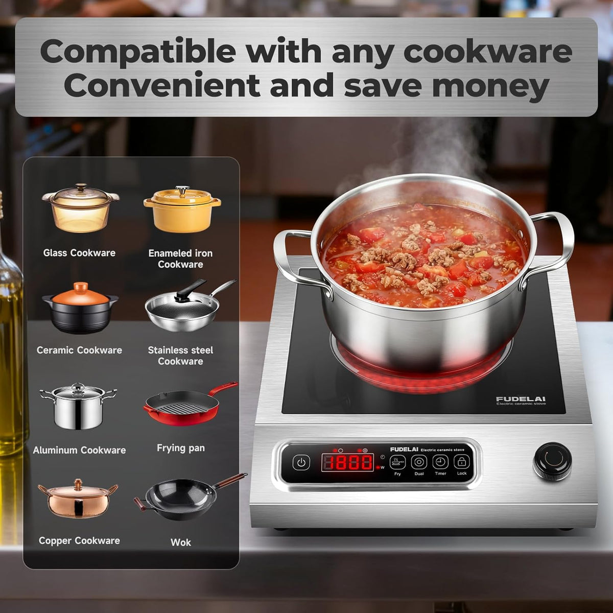 1800W Commercial Grade Electric Cooktop with 9 Power Levels - Electric Burner with EUROKERA Micro-Ceramic Panel, Infrared Cooktop with Timer, Safety