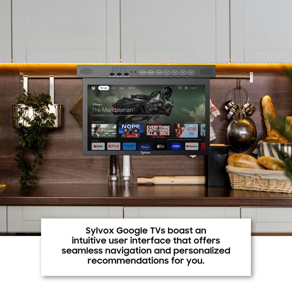 SYLVOX 15.6" Under Cabinet Smart TV C 360 Rotation, 90 Flip-Down Screen, Wireless Connectivity, Space-Saving Design for Kitchen, Bedroom, or RV.
