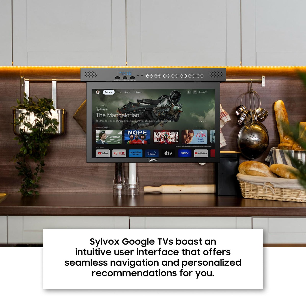 SYLVOX 15.6" Under Cabinet Smart TV C 360 Rotation, 90 Flip-Down Screen, Wireless Connectivity, Space-Saving Design for Kitchen, Bedroom, or RV.
