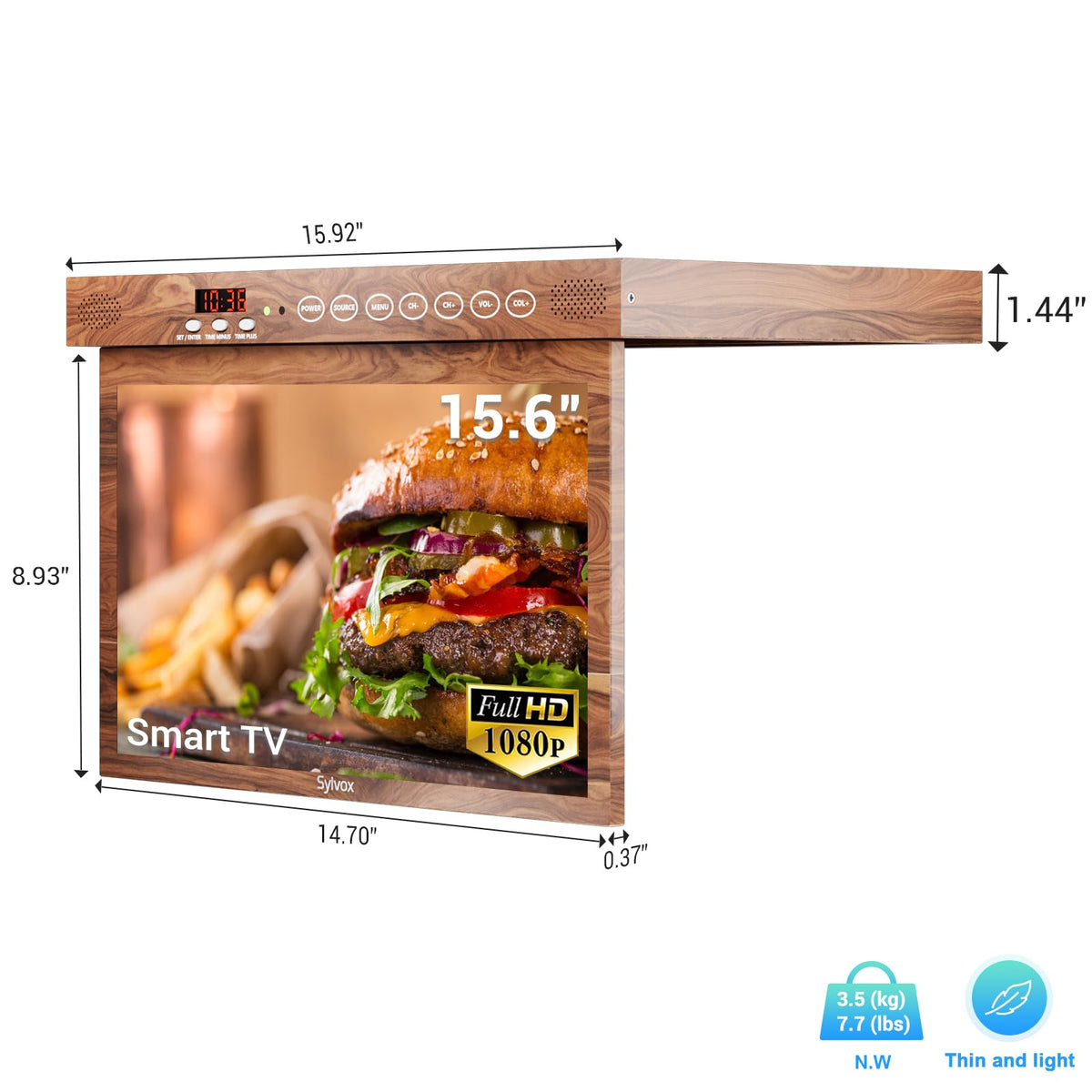 SYLVOX 15.6" Kitchen TV, 1080P FHD Under Cabinet TV with App Store, Voice Assistant, Chromecast, 12-Volt for Small Spaces, Kitchen, Bedroom, RV