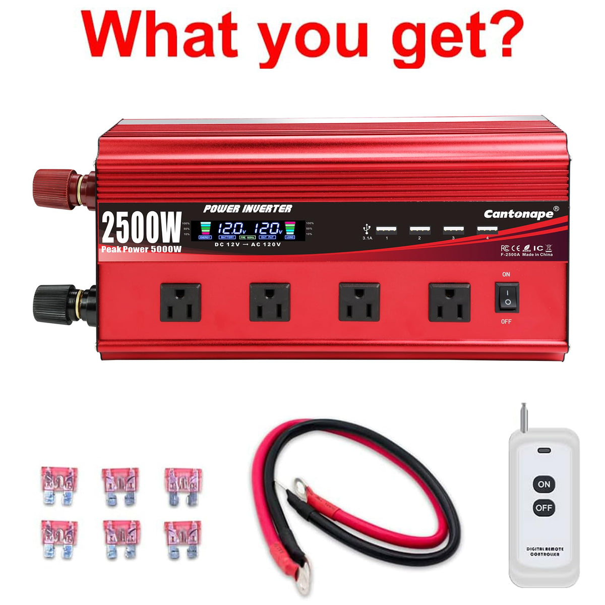 4000W Power Inverter 12V to 110V/120V DC to AC with LCD Display, Remote Controller 5 x AC Outlets and 4 x 3.1A USB Car Adapter for Car Truck Boat RV