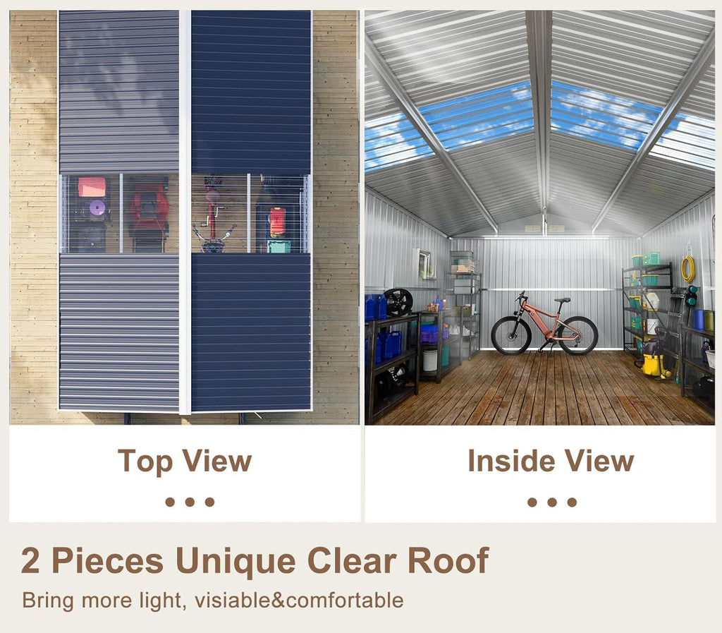 10x12 FT Metal Outdoor Storaged Shed with Floor Base Waterproof Heavy Duty Reinforced Frame with Unique Clear Roof Skyview Windows Air Vent for