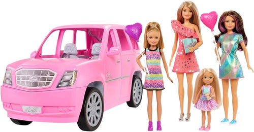 Barbie Playset with 4 Sister Dolls and Limo that Opens and Expands to 2 Feet, Includes 10+ Party Accessories, Gift for Kids 3 to 7 Years Old