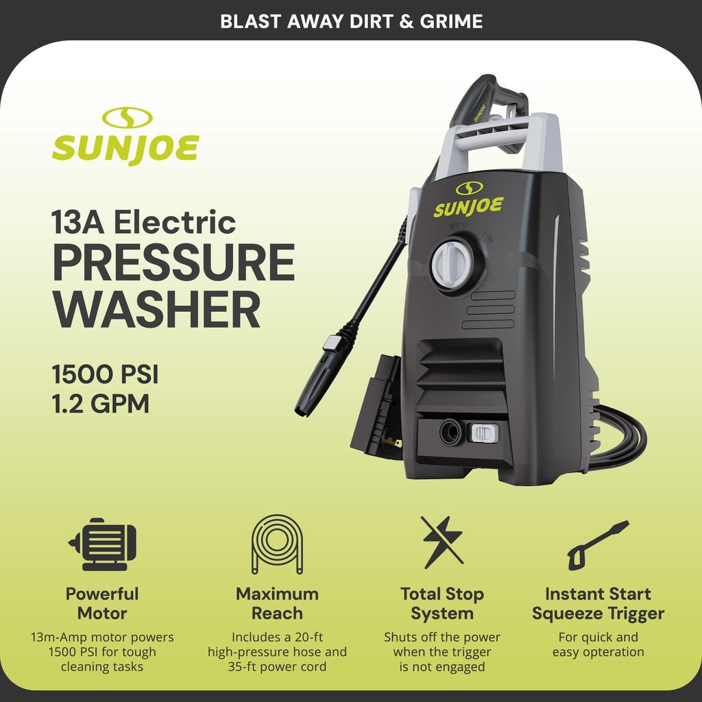 Sun Joe SPX3000-XT1 XTREAM 2,500 PSI Pressure Washer with 14.9A Motor, Includes 4 Quick-Connect Nozzles, High-Pressure Hose, Garden Hose Adapter, and