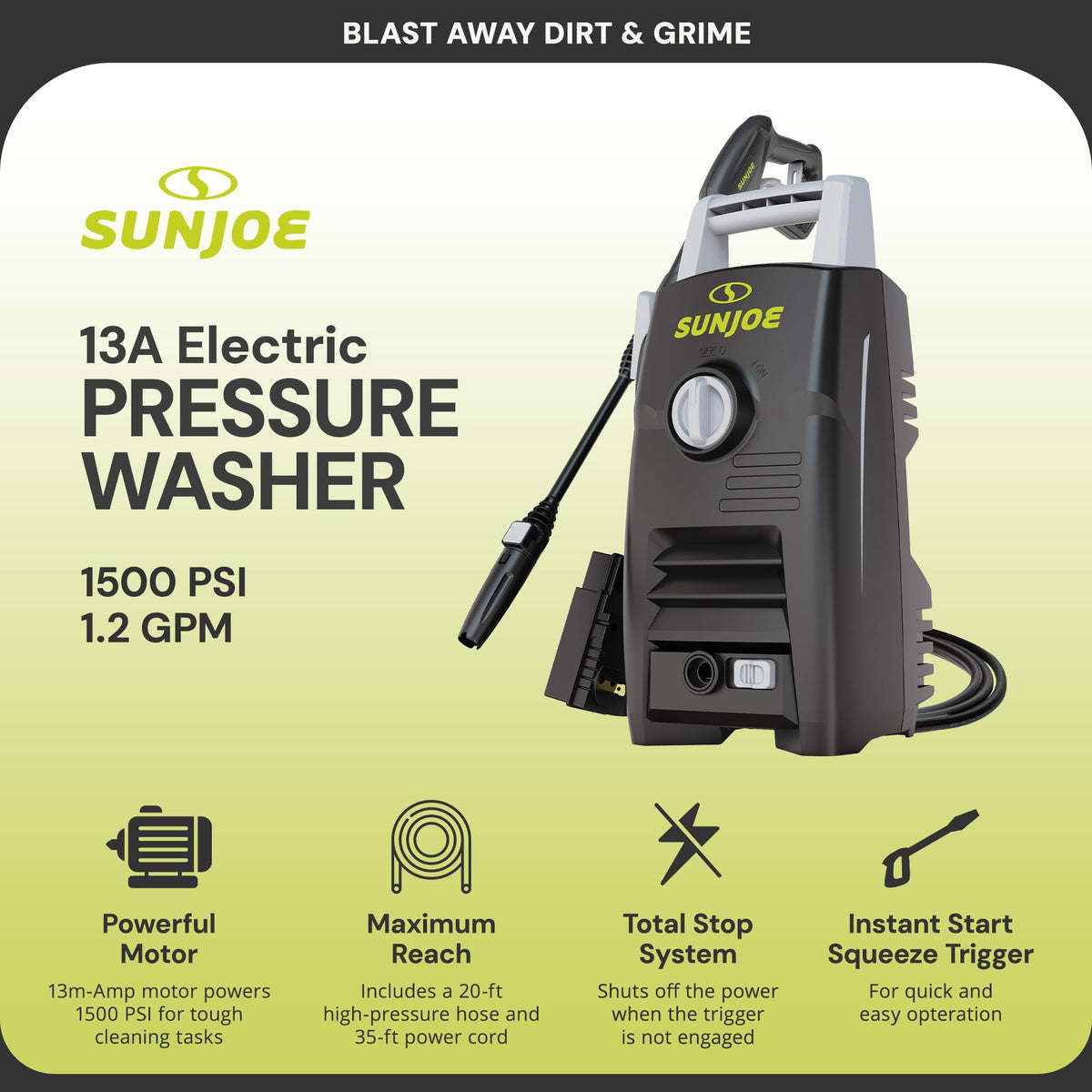 Sun Joe SPX3000-XT1 XTREAM 2,500 PSI Pressure Washer with 14.9A Motor, Includes 4 Quick-Connect Nozzles, High-Pressure Hose, Garden Hose Adapter, and