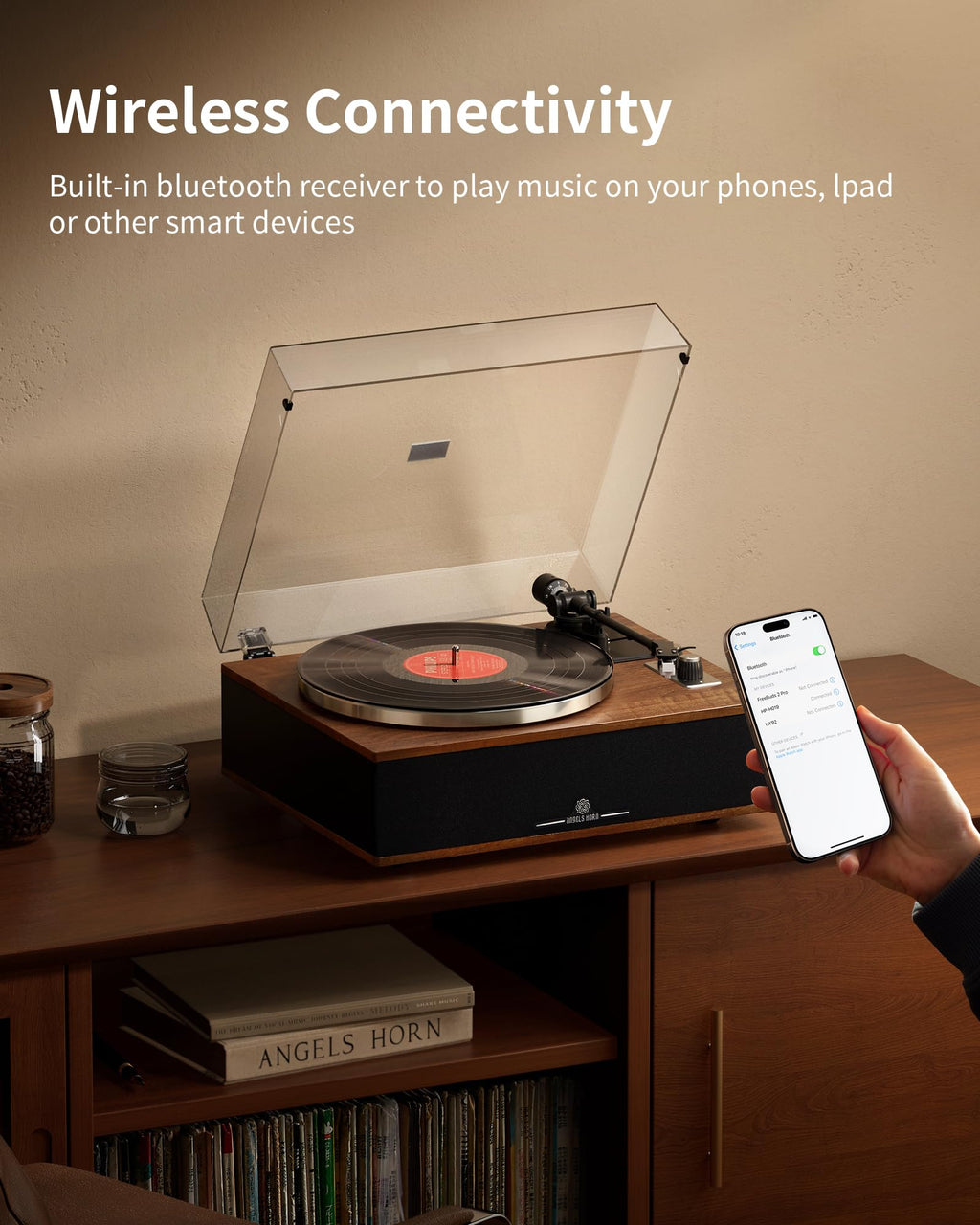 ANGELS HORN Vinyl Record Player, Bluetooth Turntable with Built in Speakers Phono Preamp, High Fidelity Turntables for Vinyl Records with Magnetic