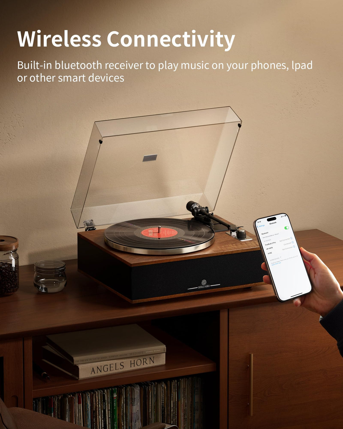 ANGELS HORN Vinyl Record Player, Bluetooth Turntable with Built in Speakers Phono Preamp, High Fidelity Turntables for Vinyl Records with Magnetic
