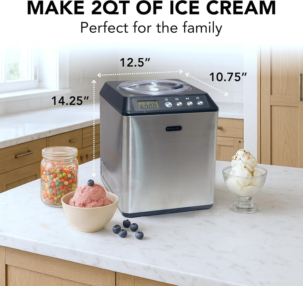 Whynter Ice Cream Maker Machine Automatic 2.1 Qt. Upright with Built-In Compressor, LCD Digital Display & Timer, No Pre-Freezing, ICM-201SB