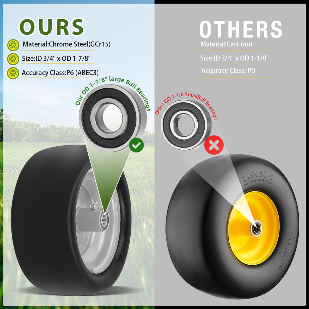 2 Pcs 13x6.50-6 Lawn Mower Tires Flat Free with 3/4" 1/2" 5/8" Bearings