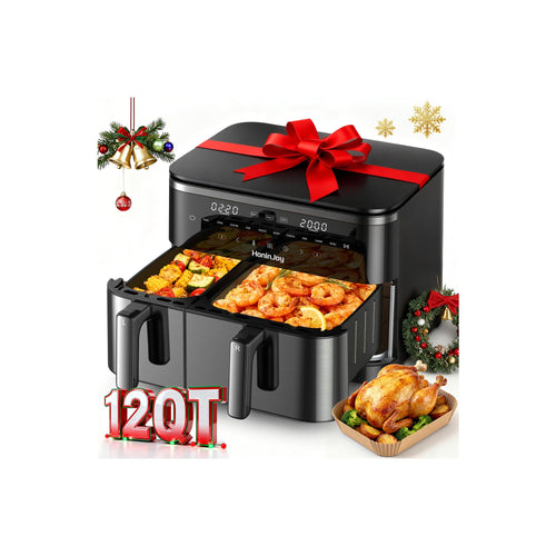 12QT Large Dual Basket Air Fryer with Viewing Window and 50pcs Paper Liners, 10-in-1 Digital Touchscreen Double Zone Air Fryers, SyncCook to Bake