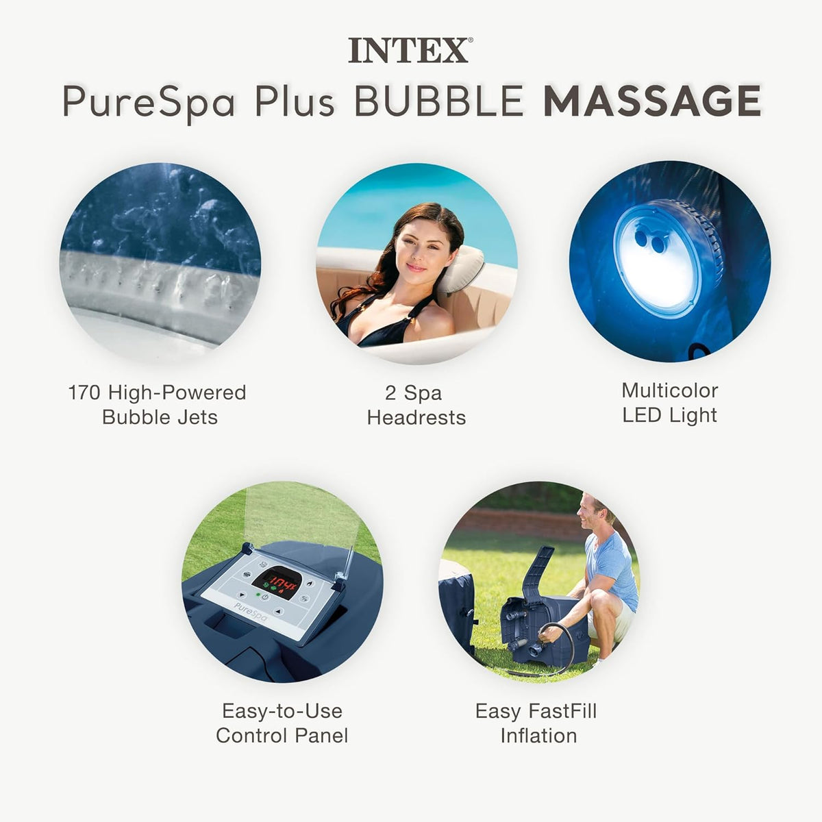 INTEX 28429EP PureSpa Plus Bubble Massage Spa Set: Includes C 2 Contoured Headrest C LED Light C 4 Person Capacity C 77" x 28"