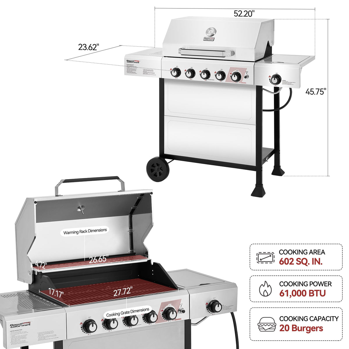 Royal Gourmet GA5401T 5-Burner BBQ Liquid Propane Gas Grill with Side Burner, Stainless Steel 61,000 BTU Output for Patio Garden Picnic Backyard