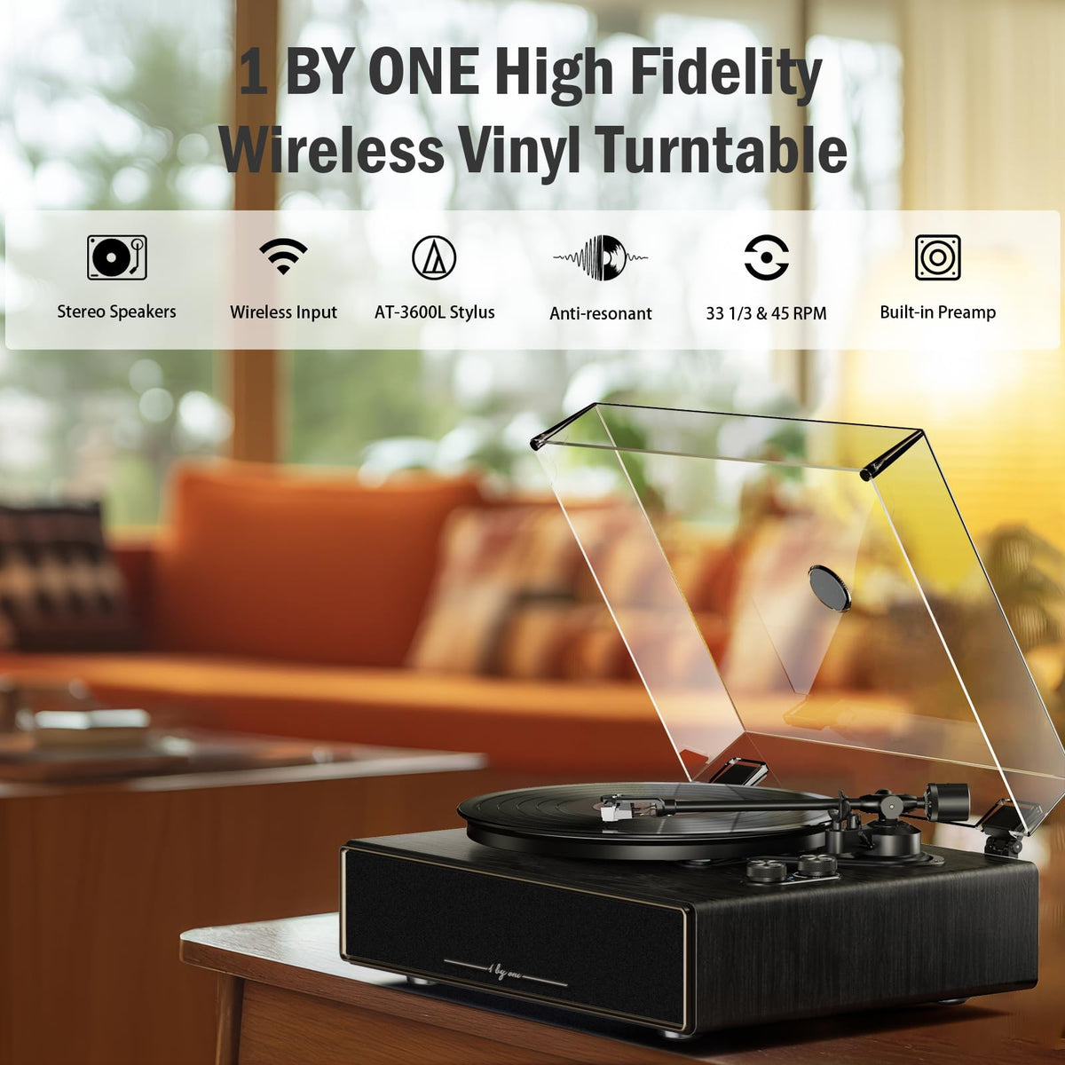 1 by ONE High Fidelity Belt Drive Turntable with Built-in Speakers, Vinyl Record Player with Magnetic Cartridge, Bluetooth Playback and Aux-in
