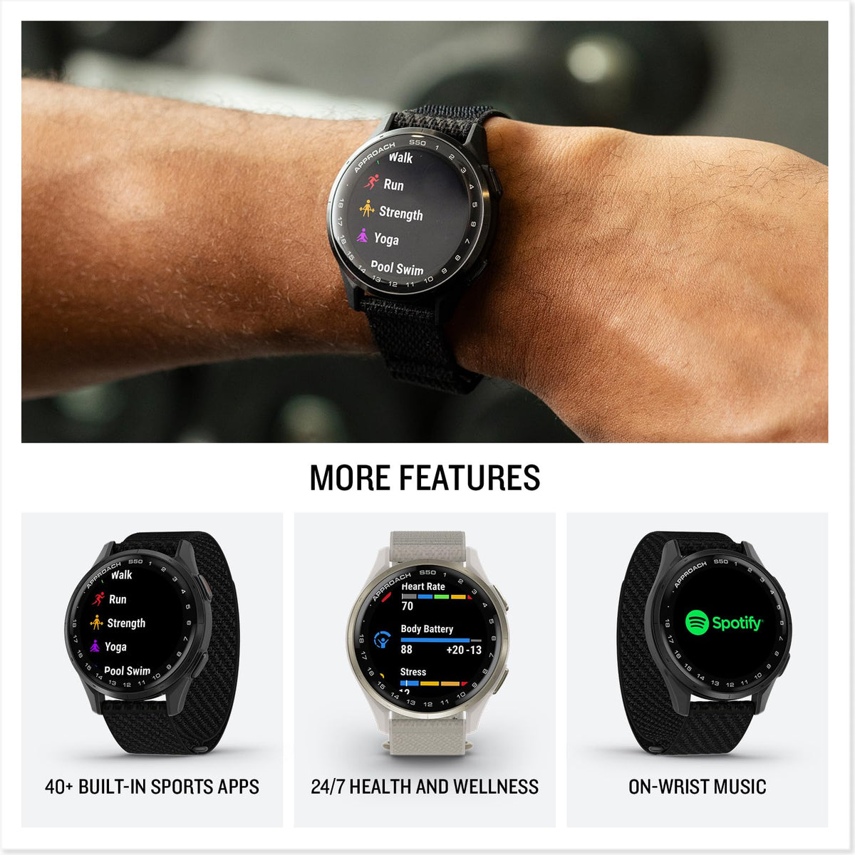 Garmin Approach® S44, Essential Golf GPS Smartwatch, AMOLED Display, On-Course Features, Silver Aluminum Bezel with Black Silicone Band