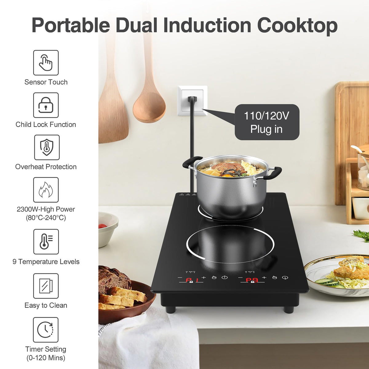 4 Burner Electric Cooktop,7200W Built-in & Countertop 4 Burner Electric Stove Top with 9 Power Levels, Child Safety Lock & 99mins Timer, 30 inch