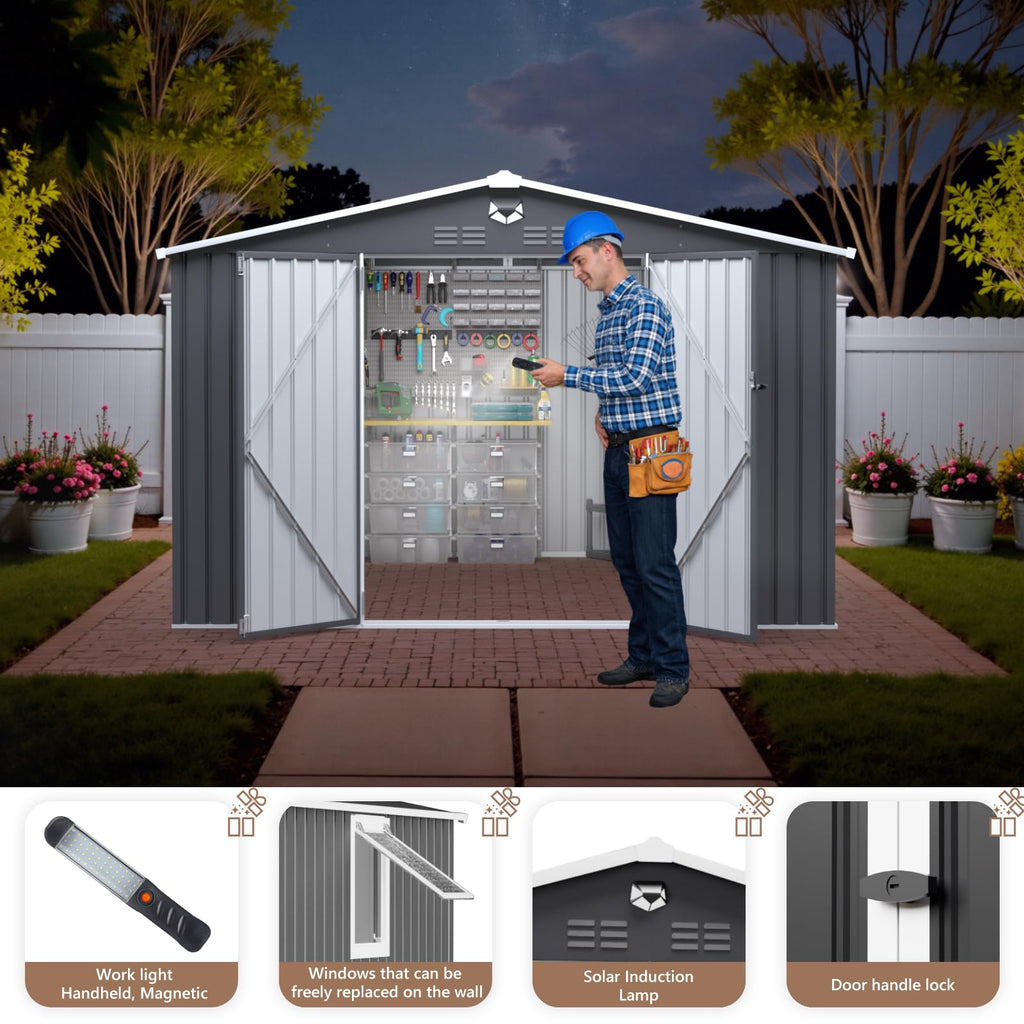 10x12 FT Outdoor Storage Shed, Metal Garden Shed - Tool Storage Sheds with Lockable Doors & 1 Clear Window, Waterproof Outside Storage Building for