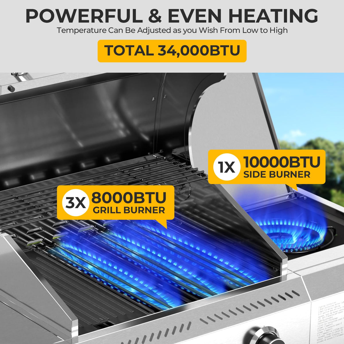 3-Burner Propane Gas Grill with Side Burner C 34,000 BTU Stainless Steel Outdoor BBQ Grill, Cast Iron Grates, Portable with Wheels for Patio, Camping