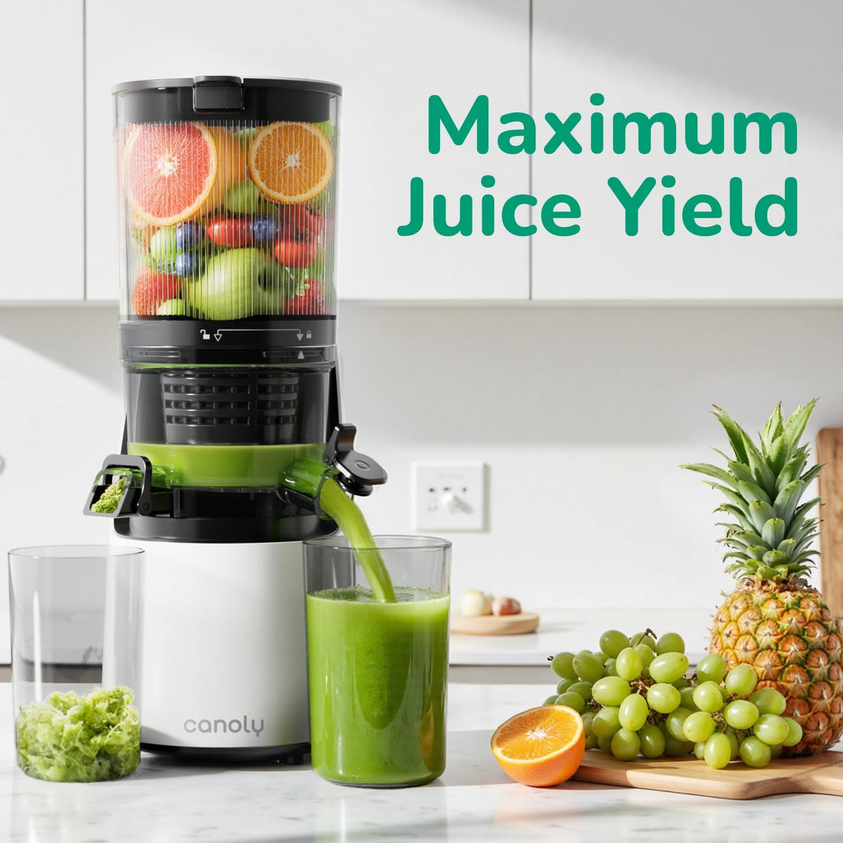 Canoly C16 Cold Press Juicer, with a 6" Wide Chute & Self-Precut, 3-in-1 Strainers (Juice & Sorbet & Nut Milk), BPA-Free Construction, Powered by a