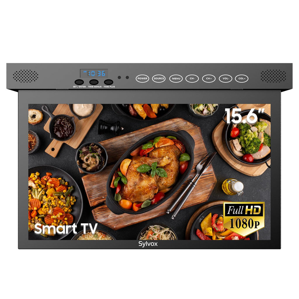 SYLVOX 15.6" Kitchen TV, 1080P FHD Under Cabinet TV with App Store, Voice Assistant, Chromecast, 12-Volt for Small Spaces, Kitchen, Bedroom, RV