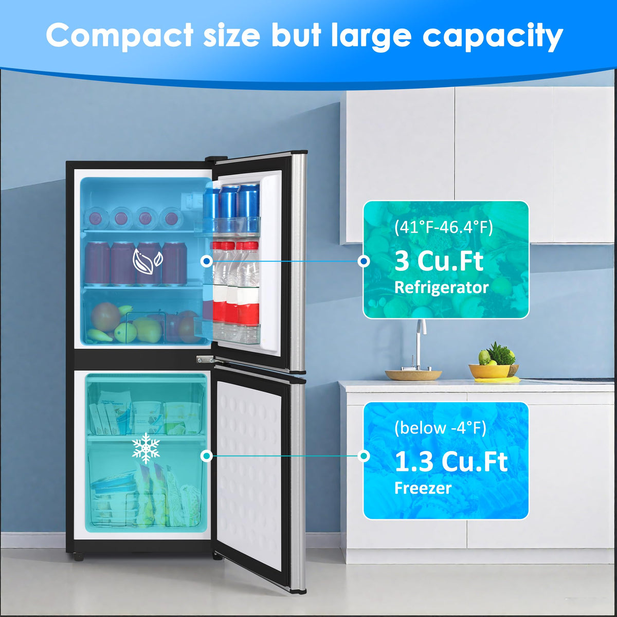 3.3 Cu. Ft. Mini Fridge with Freezer, Compact Refrigerator with Adjustable 7-Level Thermostat, Dorm Fridge for Kichen, RV, Office, Apartment, Black