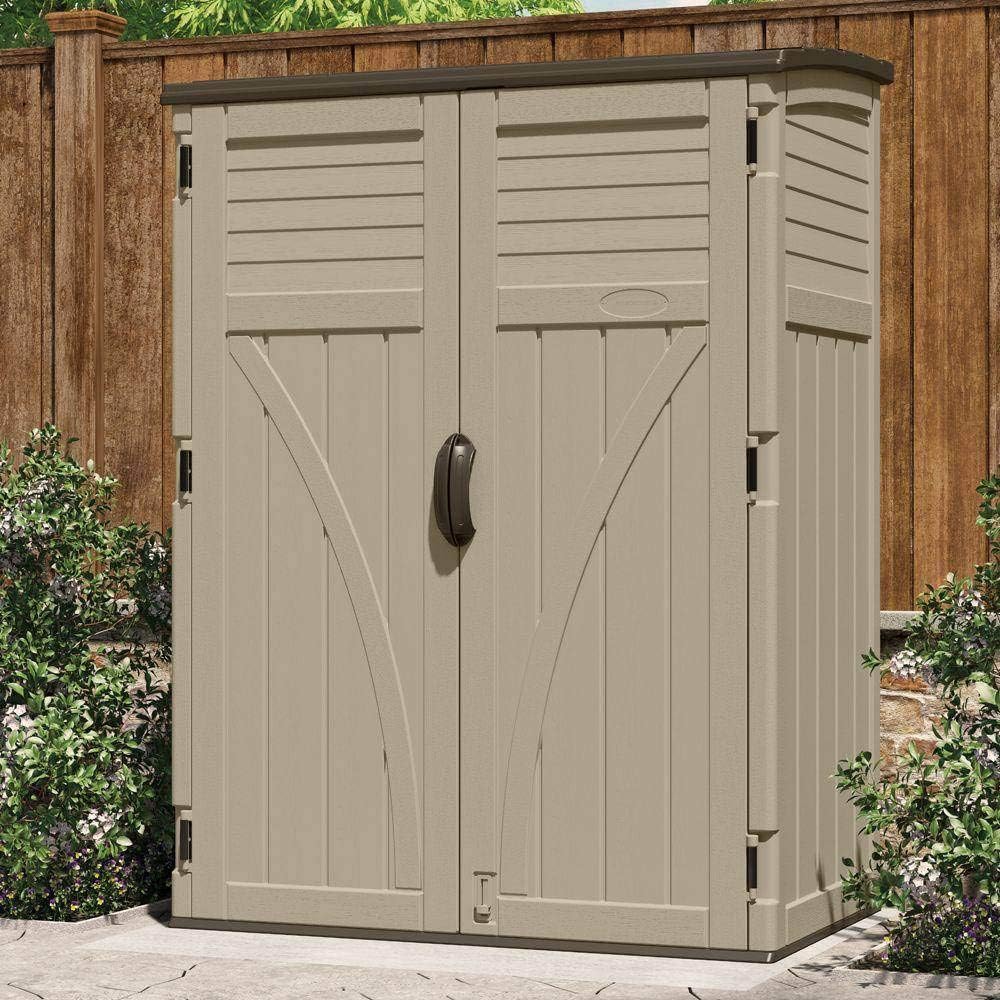 Suncast Outdoor Storage Cabinet Waterproof Resin Vertical Outdoor Storage Shed (54 cu. ft.) for Patio, Garden Tools, Cushions, & Equipment.