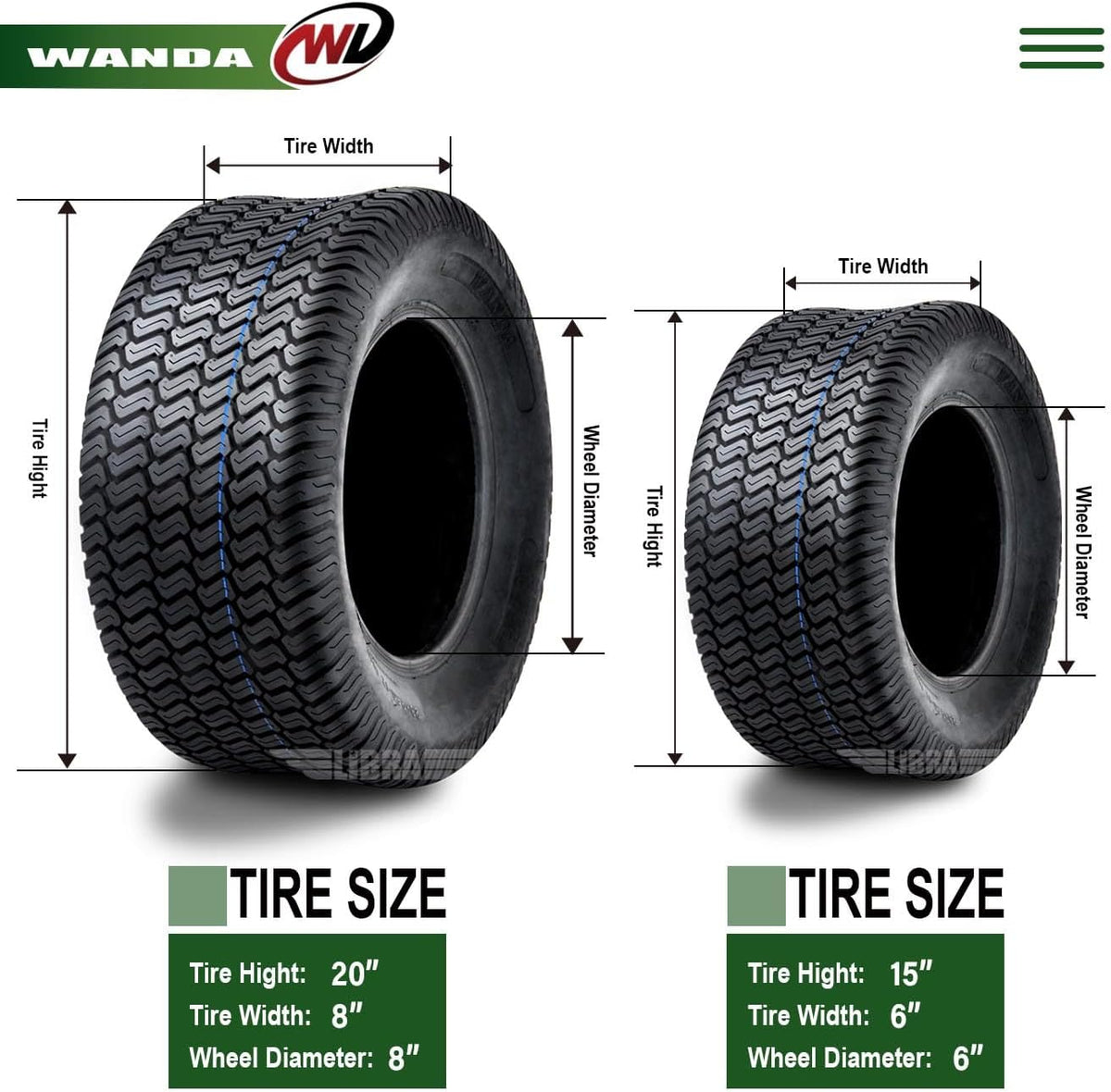 WANDA Set 4 15X6-6 & 20X8-8 Lawn Mower Tractor Turf Tires 4PR-13016/13035