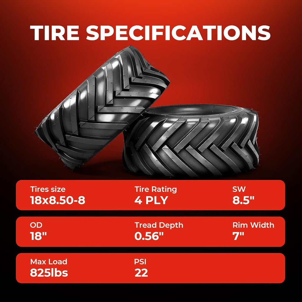 18x8.50-8 Lawn & Garden Mower Tires, Set of 2,4 Ply Tubeless